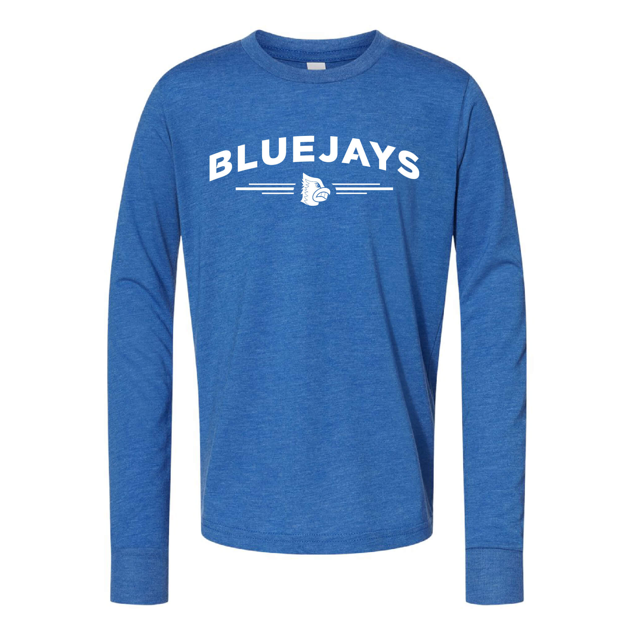 Bluejays Arch - Long Sleeve Crewneck T-Shirt - Youth-Soft and Spun Apparel Orders