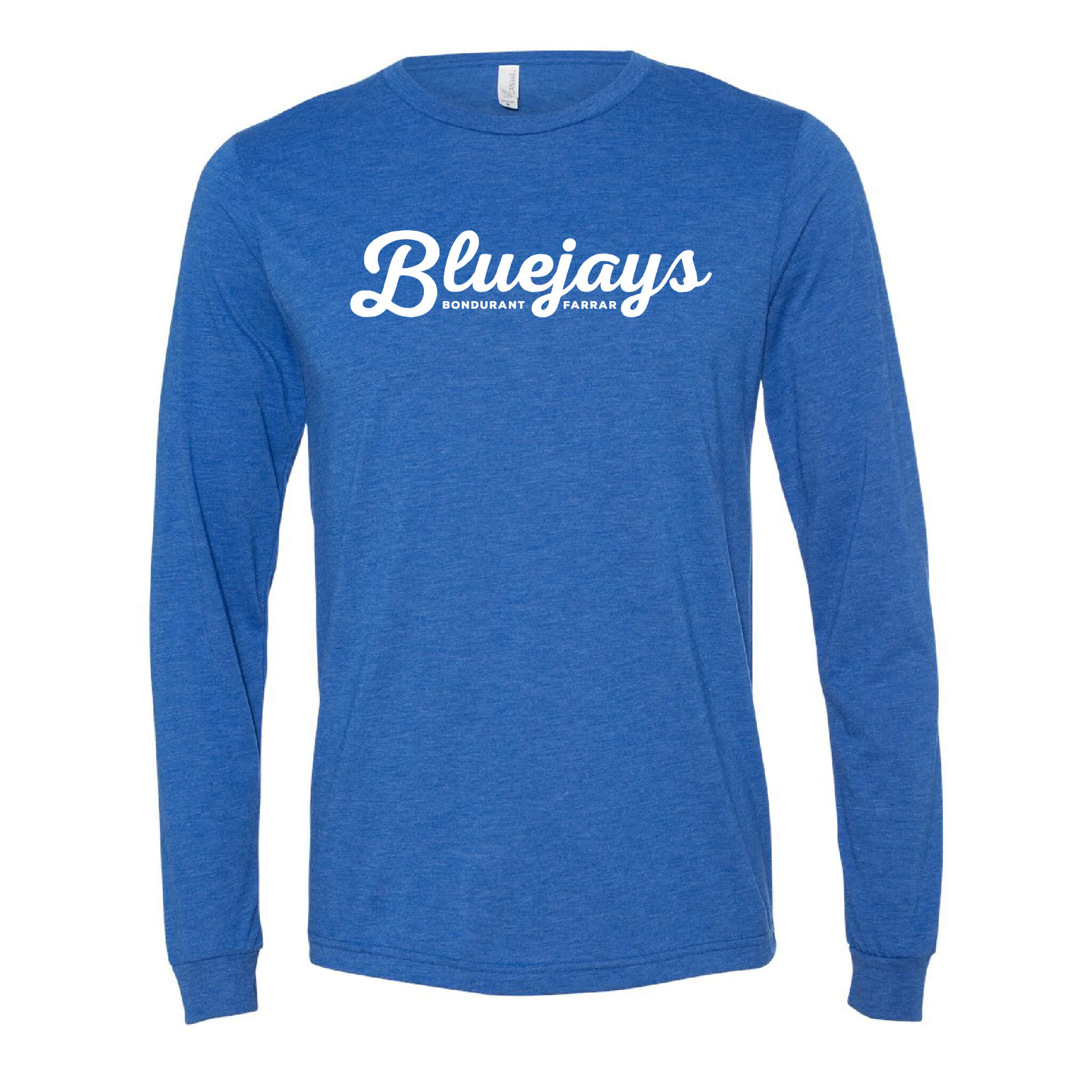 Bluejays Script - Long Sleeve Crewneck T-Shirt - Adult-Soft and Spun Apparel Orders