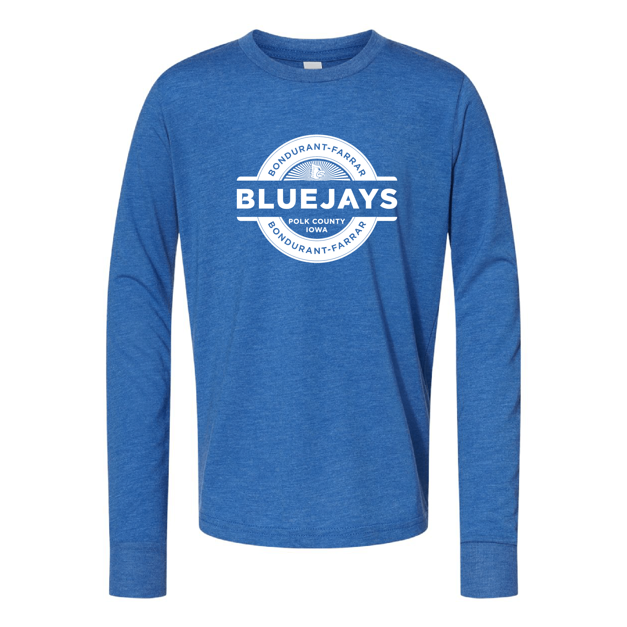 Bluejays Seal - Long Sleeve Crewneck T-Shirt - Youth-Soft and Spun Apparel Orders
